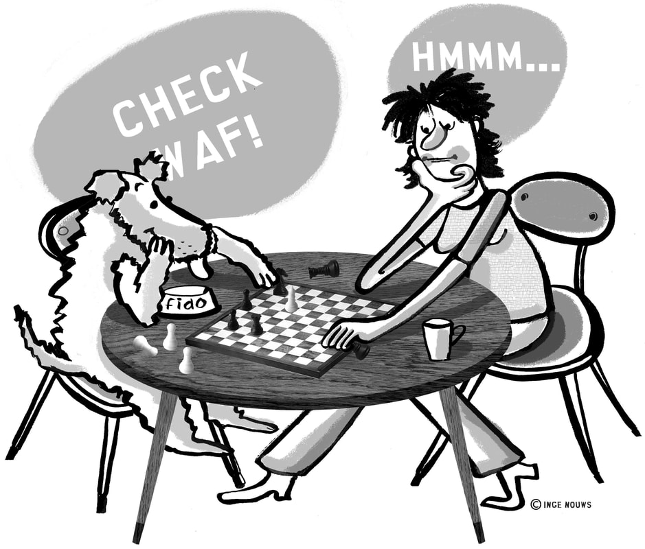 Cartoon of dog and human playing checkers